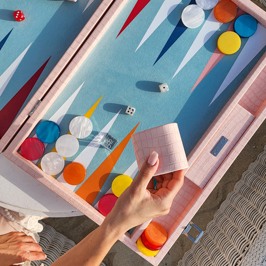 VIDO Large Backgammon Board Set 21-inch Checkers 44 mm Pink Crocodile Vegan Leather