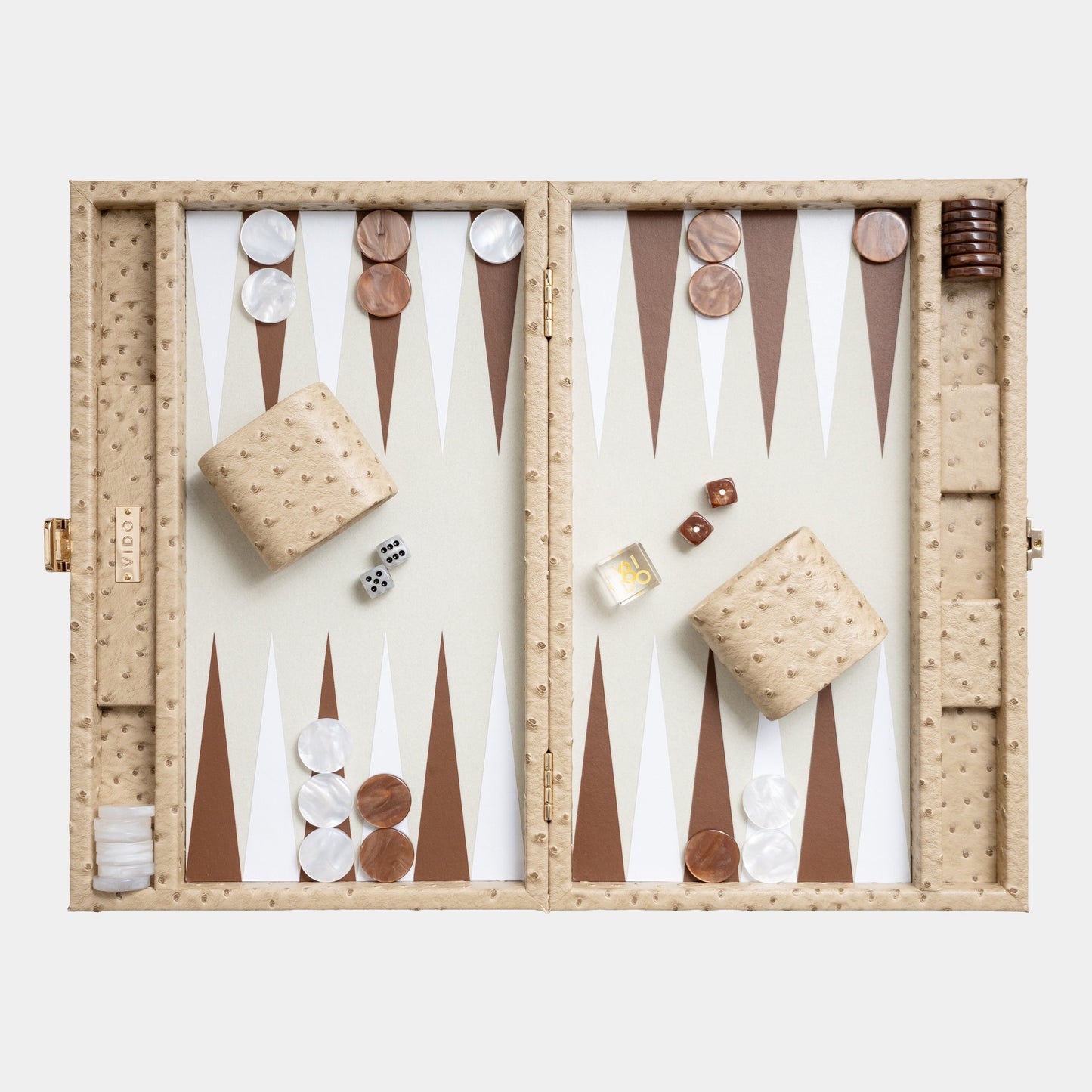 Backgammon set beige ostrich with pieces and dice on a white background by VIDO