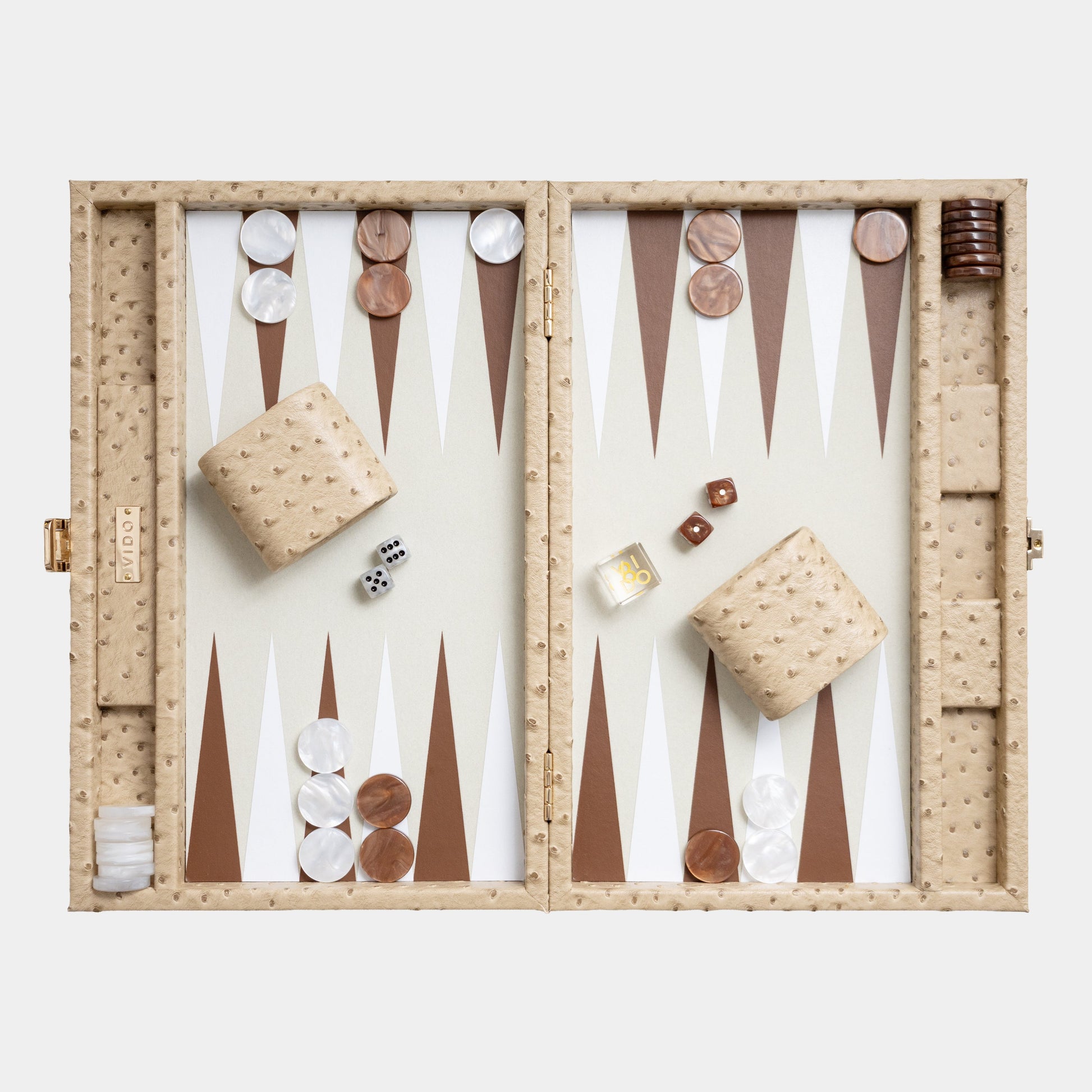 Backgammon set beige ostrich with pieces and dice on a white background by VIDO