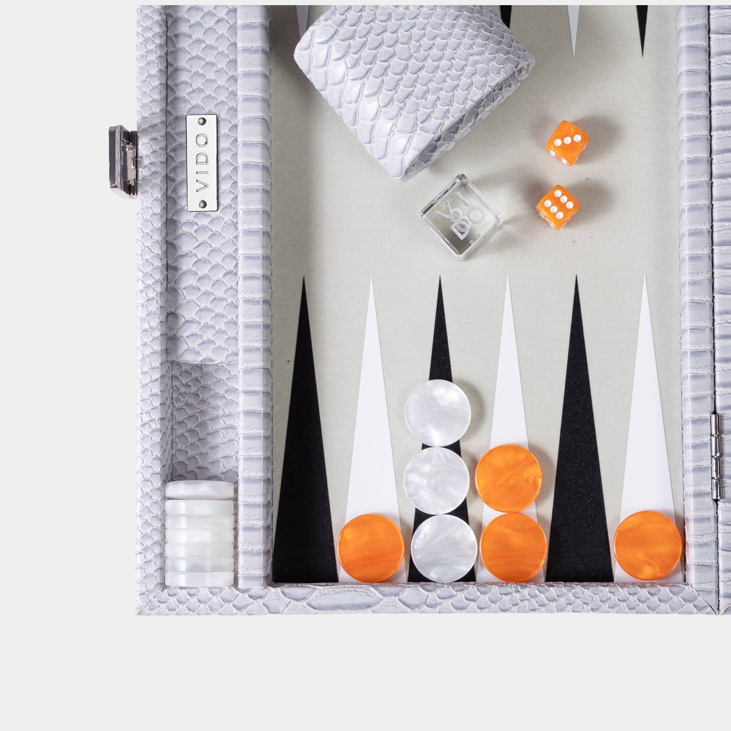 Backgammon board grey with black, white points, and orange checkers by VIDO