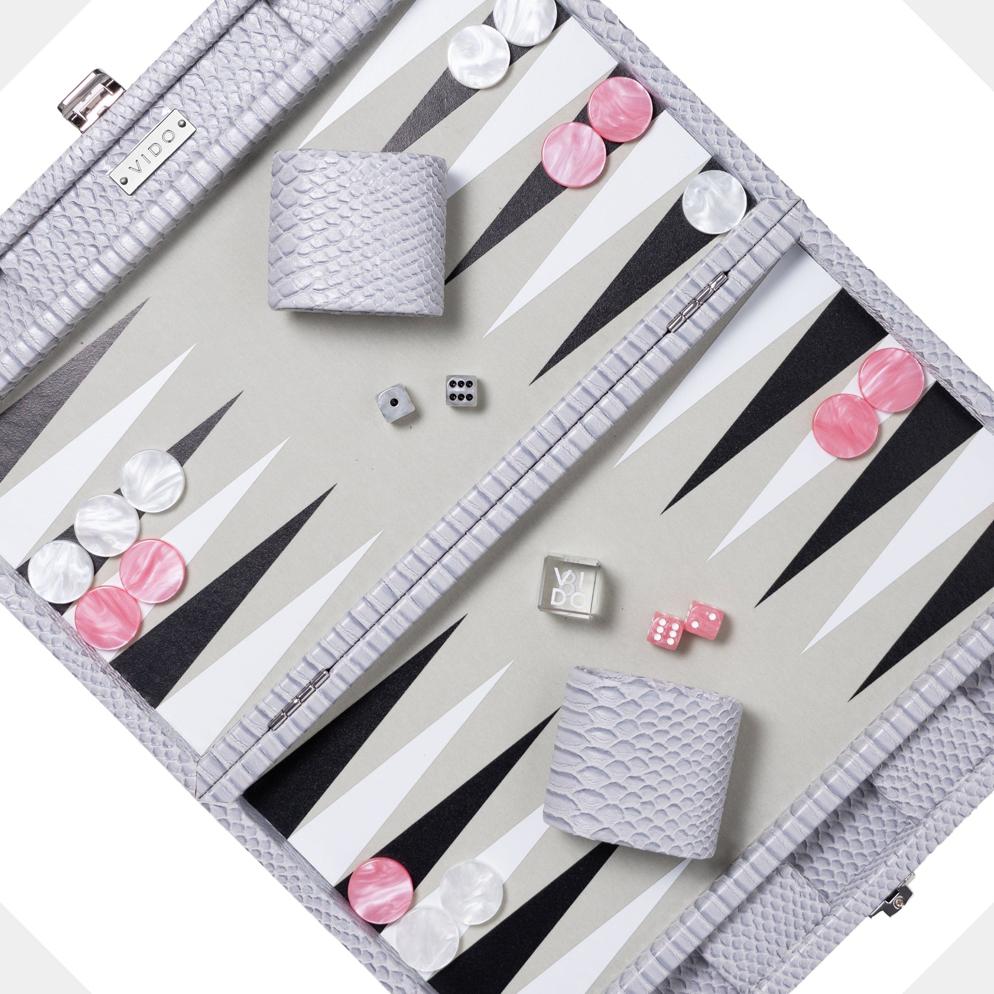 Backgammon grey set with pink and white pieces on a gray board by VIDO
