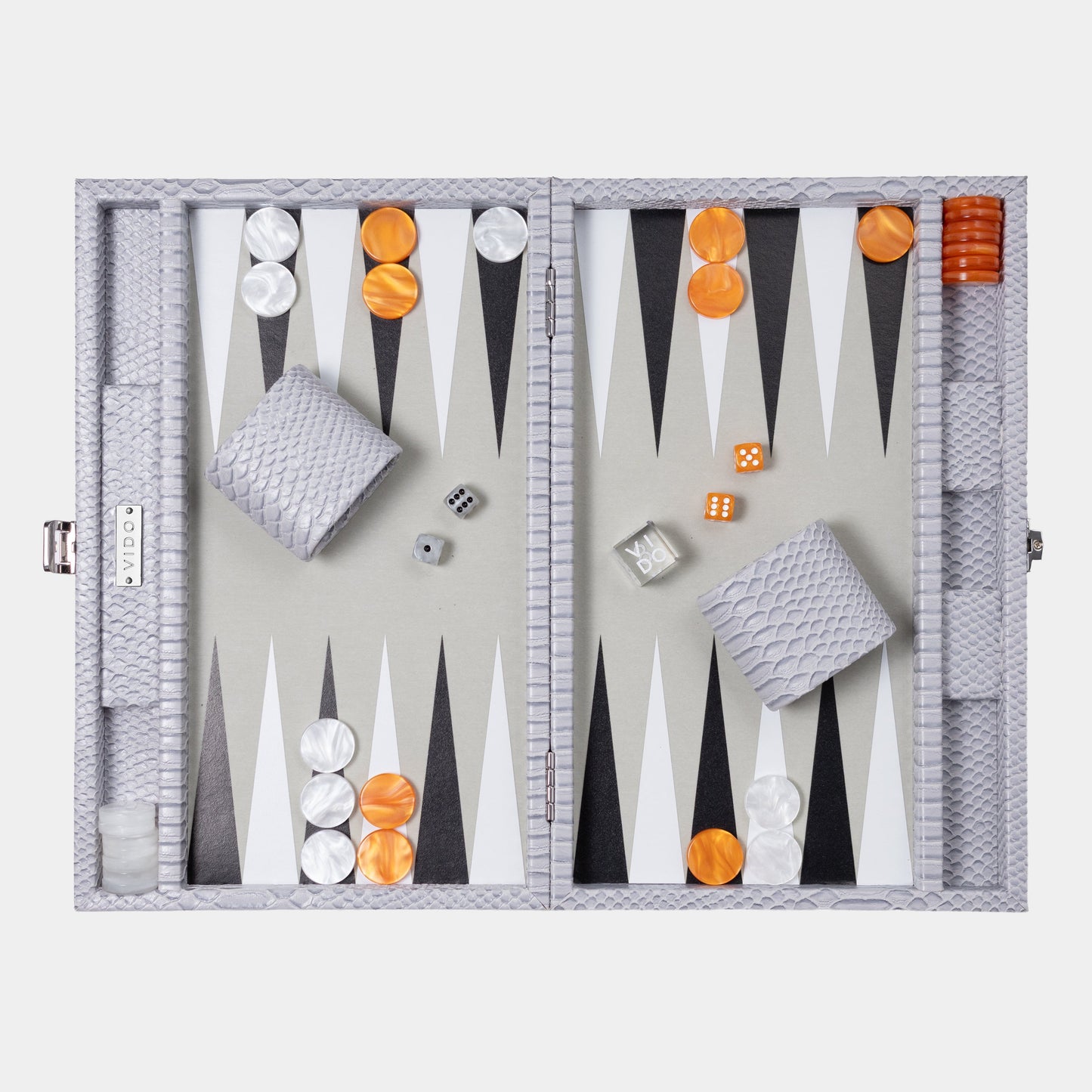 Backgammon set grey colour with pieces and dice on a light gray background by VIDO