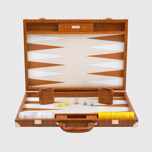 VIDO Large Backgammon Board Set 21-inch Checkers 44 mm Chestnut Alligator Vegan Leather