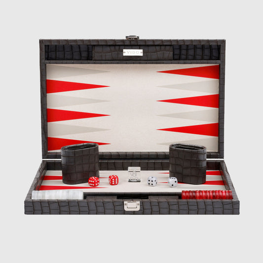 VIDO Medium Backgammon Board Set 15-inch Checkers 29 mm Dark-Grey Alligator Vegan Leather